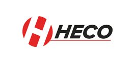 HECO Inc logo: round red circle with a slanted block white H with HECO in all caps in black ink in italics and a thin red line underneath HECO